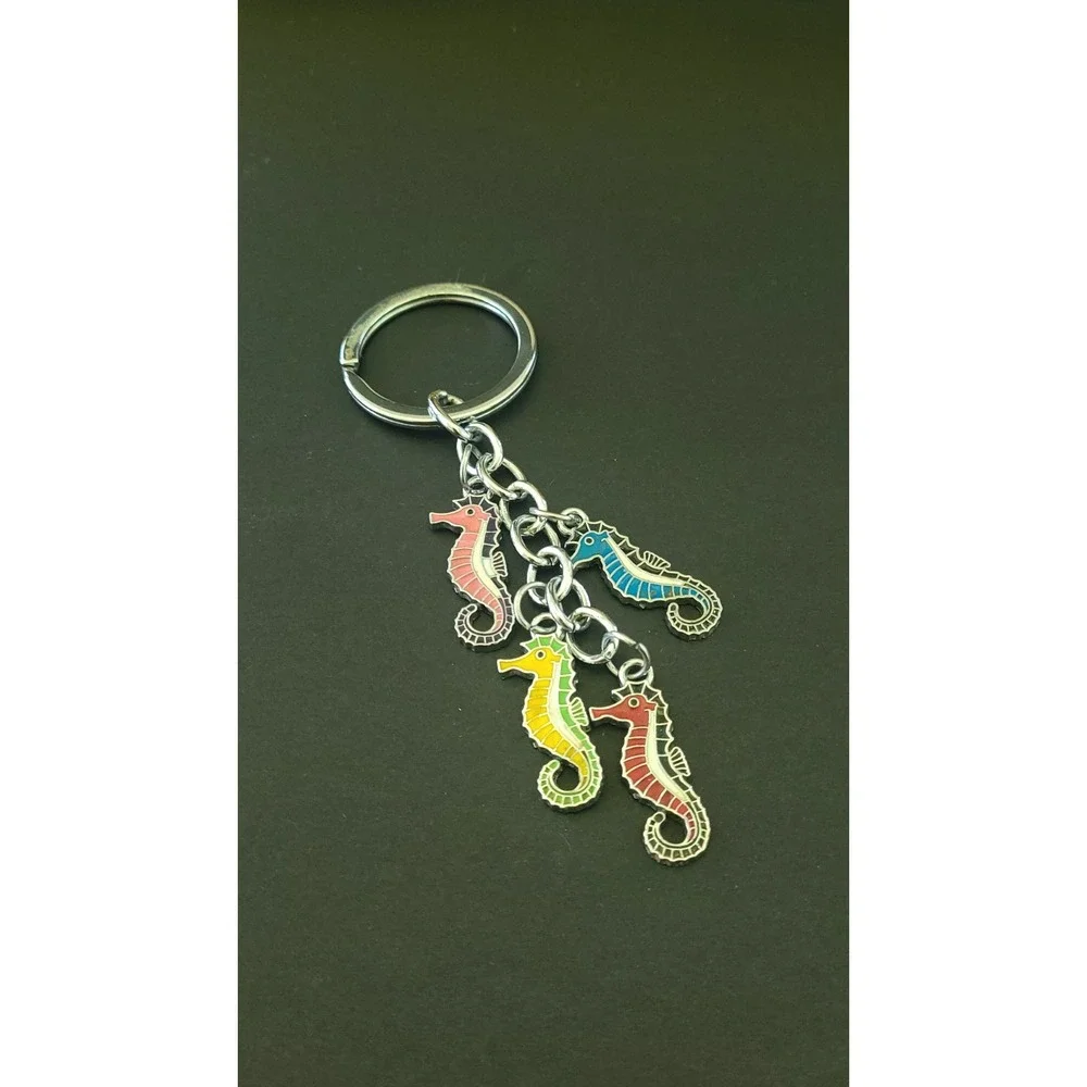 Colorful Enamel Seahorse Charm Keychain Silver Tone Ocean Beach Coastal 4.5in